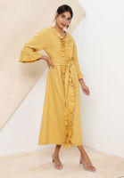 Zalia - Ruffle Linen Tie On Cardigan Dress