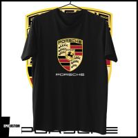 Porsche Big โลโก้ Motorsports Design Tee ผ้าฝ้าย 100% เสื้อยืด Unisex สีดำสีขาวสีเทา Red oversize S-3XL