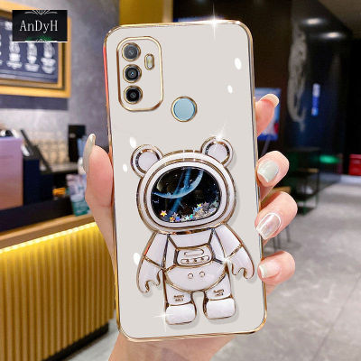 AnDyH Phone Case OPPO A53 2020/A33 2020/A32 2020/A53S/A11S 2021 6DStraight Edge Plating+Quicksand Astronauts who take you to explore space Bracket Soft Luxury High Quality New Protection Design