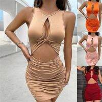 Gaun มินิ Seksi Tanpa Lengan Gaun กลวงออก Berlipat Bodycon Wanita Gaun Mini Pendek ของแข็ง Klub Pesta Musim Pakaian Klub Pesta Pesta