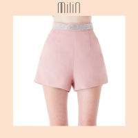 [MILIN] Crystal waist band flat front high waist shorts กางเกงขาสั้น เอวสูง ทรงซิปข้าง แต่งคริสตัลรอบเอว Owlwood Shorts สีชมพู/ สีครีม