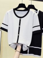 M-4XL Large Size Summer Women Sweater Knitting T-shirt 2023 Short Sleeve O Neck Button Striped Oversized Pullover Female Top