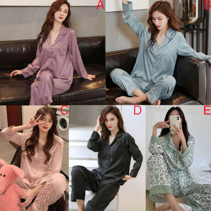 Korean Fashion Women Silk Satin Leopard Print Pyjamas Set Female Long  Sleeve Sleepwear Pajamas Suitable Homewear Clothing