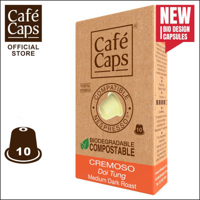Cafecaps - แคปซูลกาแฟ Nespresso Compatible Cremoso (1 กล่อง X10 แคปซูล) -กาแฟคั่วเข้มกลาง อาราบิก้าจากดอยตุง - แคปซูลกาแฟใช้ได้กับเครื่อง Nespresso