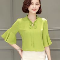 Dress Up House รหัส D322green เสื้อชีฟอง คอผูก แขนแค่ศอก แต่งระบาย (สีเขียว)