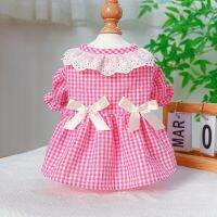 Pink Blue Colors Small Plaid Printed Lace Design Dog Dresses for 2023 Spring and Summer Pet Skirt Love Pearl Bowknot Dogs Dress Dresses