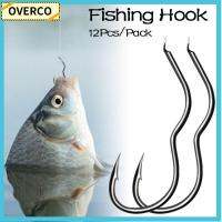 OVERCO 12Pcs/Pack เหล็กกล้าคาร์บอนสูง เบ็ดตกปลาแบบเกี่ยว ป้องกันการลื่น คมคมหนาม อุปกรณ์ตกปลาแท็กเกิล อุปกรณ์เสริมสำหรับตกปลา เบ็ดตกปลาพลิกอัตโนมัติ ปลาคาร์ฟ