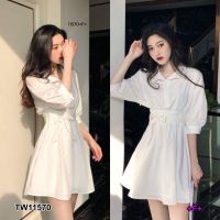 B11570 เดรสคอปกแขนศอก + สายผูกเอว Crew neck dress + waist tie