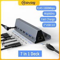 Hyra USB 7 In 1 3.0 4K 60Hz Type C Hub PD 100W 7พอร์ต RJ45 1000Mbps USB C แท่นชาร์จสำหรับแท่นวางมือถือไอน้ำ