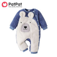 PatPat Newborn Baby Boy Clothes Overalls Rompers Bear Ears Detail Long-sleeve Thermal Fuzzy Winter Jumpsuit