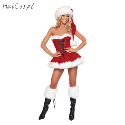 ▩♟ Plus Size New Year Christmas Costume for Women Red Sexy Dress Adult Female Fancy Cosplay Hat
