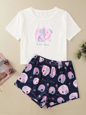 New Style Lady Cartoon Elephant Short Sleeve T Shirts &amp; Shorts Pajama Set Summer Cute Comfortable Sleepwear Home Suits Underwear