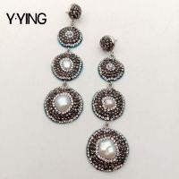 Y·YING culture White Baroque Keshi Pearl Black Macarsite Dangle coin Stud Earrings vintage for women