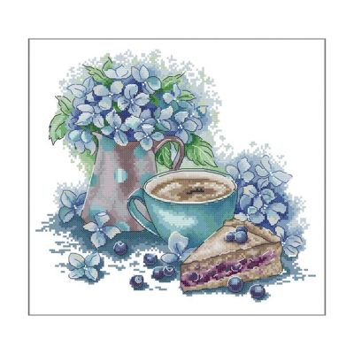 Cross Stitch Stamped Kits 14CT Printed Embroidery Cloth Needlepoint Kits Easy Patterns for Blue Plant with Coffee Cup