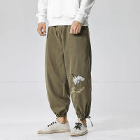 Retro Crane Embroidered Casual Bloomers Cotton Linen Casual Harem Pants Men Chinese Style Kung Fu Bottoms Streetwear Trousers