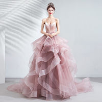 Pink Prom Dresses Luxury Ball Gown Tulle Puffy Layered Ruffles Prom Gowns Spaghetti Strap Beads Evening Party Graduation Gowns