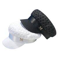 New Pleated Navy Hat Seersucker Rhinestone M Berets England PU Leather Buckle Peaked Cap Girls Winter Outdoor Warm Beret Caps