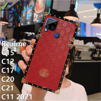 JieFie สำหรับ Realme C15 / C12 / C17 / C20 / C21 / C21Y / C25Y / C35 / C11 2021ดีไซน์ใหม่หรูหราหนังโทรศัพท์กรณีสแควร์แฟชั่นพิมพ์ฝาครอบโทรศัพท์กันกระแทกสำหรับ Realme C15 C12