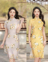 ฤดูร้อนแขนสั้นจัดเลี้ยงพรรค Cheongsam แฟชั่นหรูหราสไตล์จีนผ้าฝ้ายผ้าลินินยาวถึงเข่า Qipao ชุด