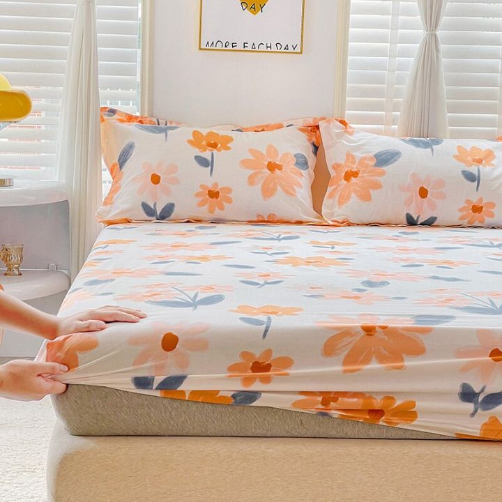 ผ้าปูที่นอนผ้าปูที่นอนสี่มุมผ้าคลุมฟูกผ้าปูที่นอนพอดีพิมพ์ลายดอกไม้ผ้าฝ้ายสำหรับเตียงราชาราชินี100-แบบใหม่