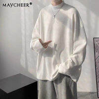 MAYCHEER Mens semi-turtleneck waffle long-sleeved T-shirt loose casual leggings simple knit top