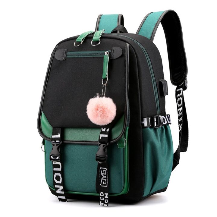 XZAN Large School Bags For Teenage Girls USB Port Canvas Schoolbag Student Book Bag Fashion Black Pink Teen School Backpack