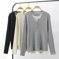 【มีไซส์ใหญ่】Plus Size XL-4XL Womens False Two Pieces Spring Autumn Sweaters Long Sleeved Patchwork Slim Female Pullovers