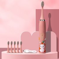 ☸۞ Smart Sonic Electric Toothbrush for Children Kids Teeth Whitening Cartoon Pattern Rechargeable with 6 Replace Tooth Brush Heads