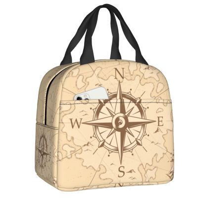 ♙✆● Vintage Pirates Map Insulated Lunch Bag for Camping Travel Nautical Compass Sailor Cooler Thermal Bento Box Women Children