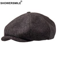 SHOWERSMILE ยี่ห้อขนสัตว์ Newsboy หมวกผู้ชายสีเทา Herringbone แบนหมวกผู้หญิงกาแฟอังกฤษ Gatsby หมวกฤดูใบไม้ร่วงฤดูหนาวหมวกทำด้วยผ้าขนสัตว์