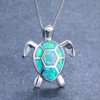 onlcicn Bohemian Fire Opal Necklace For Women Silver Color Blue White Green With Large Tortoise Pendants