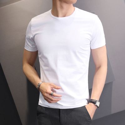 CODTheresa Finger 【Ready Stock】Solid color round neck short-sleeved t-shirt mens high elastic white top Korean version of the slim simple half-sleeved summer short-sleeved
