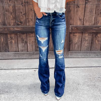 2023 Autumn New Womens Trousers High Waist Ripped Boot Cut Jeans Fashion Street Casual Long Denim Flared Pants S-2XL Drop Ship