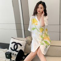 【 WYIN kitchen】 QSROCIO Women 39;s Summer Lapel Leisure Pajamas Large Size Medium Long Skirt Nightgown Sweet Girls Cartoon Cardigan Home Clothes