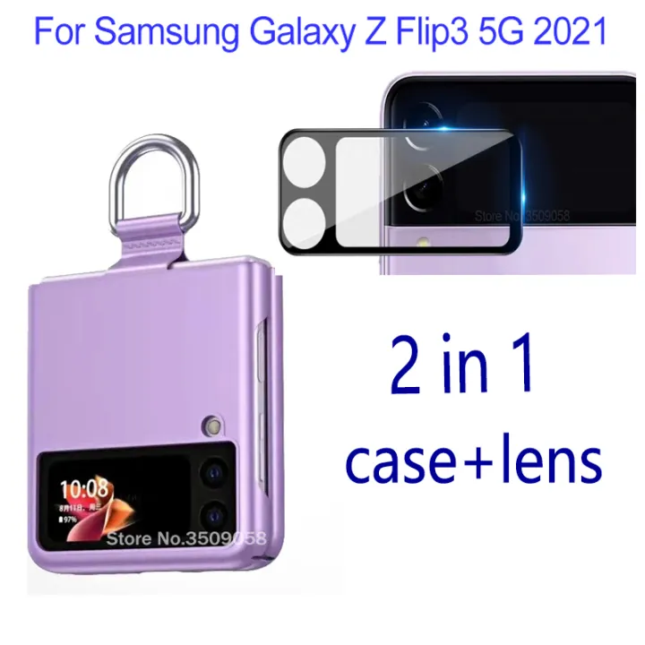2 IN 1 Samsung Z Flip3 Case With Finger Ring Holder Cover+3D Lens Protective