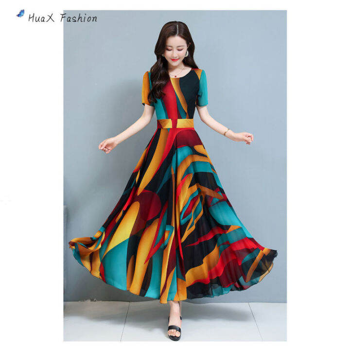 huax-ผู้หญิงแขนสั้นชุดเอวสูงแฟชั่นคอกลมเอวสูงสบายๆขนาดใหญ่หลวม-maxi-dress