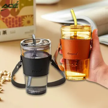 450ml Straw Glass Coffee Cup With Lid And Handle Drink Cup