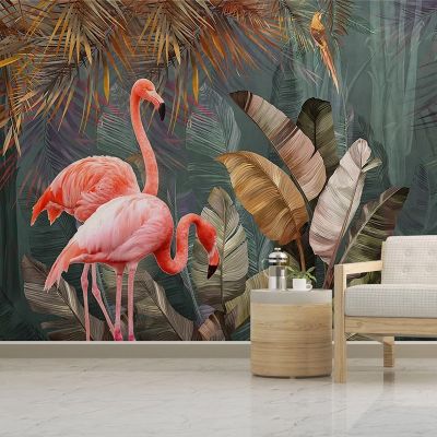 [24 Home Accessories] วอลล์เปเปอร์ภาพ3D แบบกำหนดเอง Tropical Plant Forest Banana Leaf Flamingo ภาพจิตรกรรมฝาผนังวอลเปเปอร์ห้องนั่งเล่นห้องนอนพื้นหลังตกแต่งบ้าน