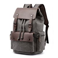 【jw】⊕  Fashion Canvas Men Large Capacity 17 Inch Laptop Drawstring Leather Cover Rucksack Student Bookbag 2021