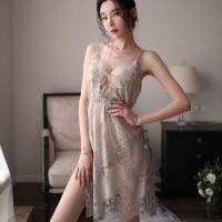 【Hot Sale】 lingerie womens lace transparent mesh hollow suspenders nightdress with side slits Homewear suit