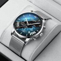 「Dark blue watch」ผู้ชายหรูหราแบรนด์ที่มีชื่อเสียงนาฬิกาผู้ชายสแตนเลสตาข่ายปฏิทินนาฬิกาสำหรับผู้ชายธุรกิจนาฬิกาควอทซ์ส่องสว่าง Relógio Masculino