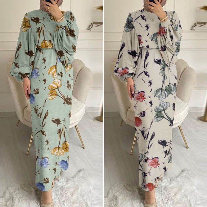 Esolo ZANZEA Muslimah Đầm Maxi Boho Hoa Thắt Eo Dài Tay Phồng Hồi ...