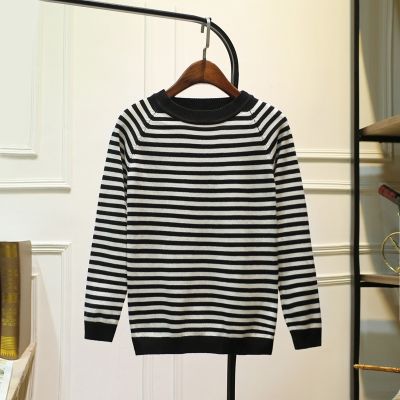 gkfnmt Stripe Long Sleeve Black Knitted Tshirt Women Tops Autumn O-neck Pullover Casual Spring White T Shirt Plus Size