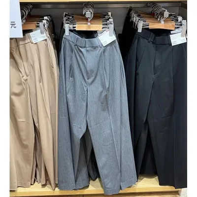 UNIQLO กางเกงขากว้างเอวสูงสลิมมิ่งลำลองเอวสูงของผู้หญิงกางเกงขาบานแฟชั่นห้องลองเสื้อ2022ฤดูใบไม้ร่วง450639