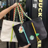 DJAQWA จุได้มาก กระเป๋าผ้าใบ Starbucks ตัวอักษรสำหรับเด็ก สายรัดสี ลำลองแบบสบายๆ กระเป๋าสะพายไหล่แบบสั้น สำหรับผู้หญิง