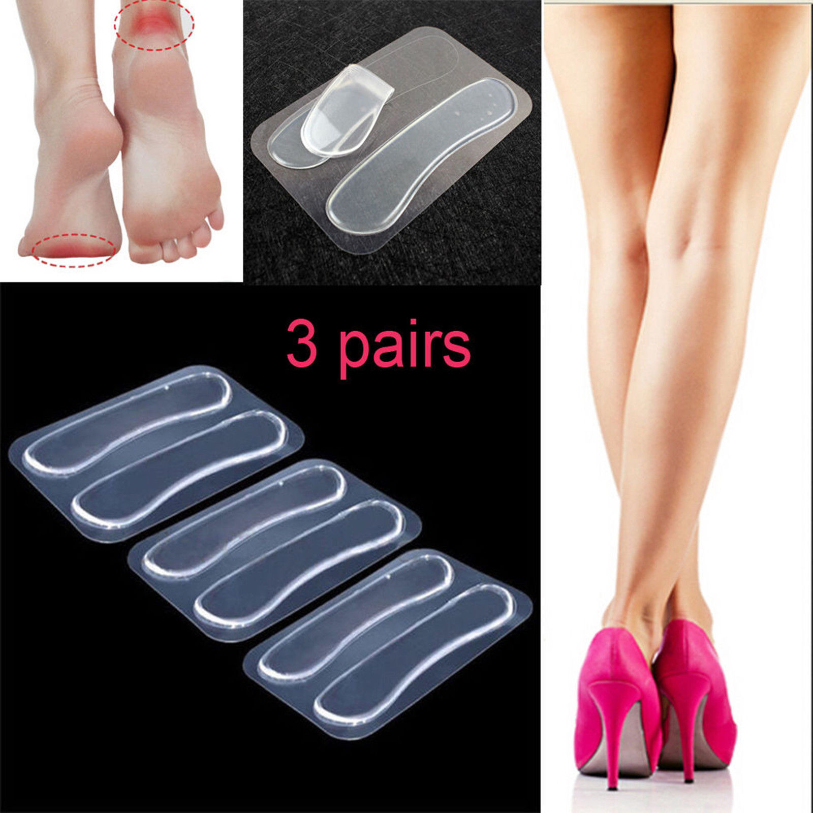 3 Pairs Gel Silicone Heel Grip Back Liner Shoe Insole Pad Foot Care Protector hi 
