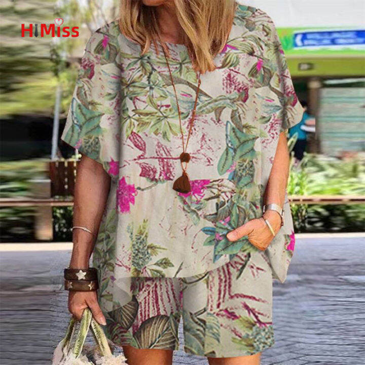 2-pcs-women-outfits-cotton-linen-retro-printing-short-sleeve-blouse-side-pockets-shorts-plus-size-loose-cropped-pants-set