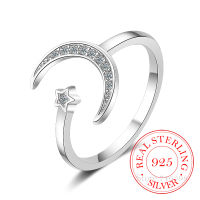 100 925 Solid Real Sterling Silver Fine Jewelry Moon Star CZ tail Opening Ring Sizable For Women Girl Gift2023