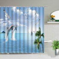 Sunny Ocean Design Dolphin Tropical Palm Tree ม่านอาบน้ำสัตว์ป่าเต่าพิมพ์ตกแต่งห้องน้ำแขวนผ้าม่าน 180 * 180 ซม