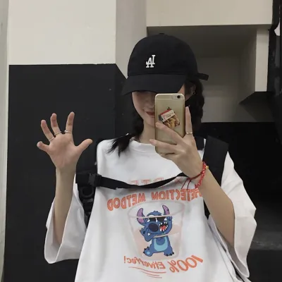 เสื้อยืดแขนสั้นลายการ์ตูนสำหรับผู้ชายผู้หญิง,เสื้อยืดคู่รักคอกลมสไตล์ฮาราจูกุทรงหลวมพิมพ์ลายตัวอักษร599 #